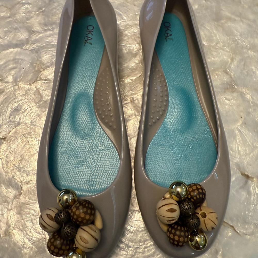 OKA b. Taupe Flats with Beaded Embellishments